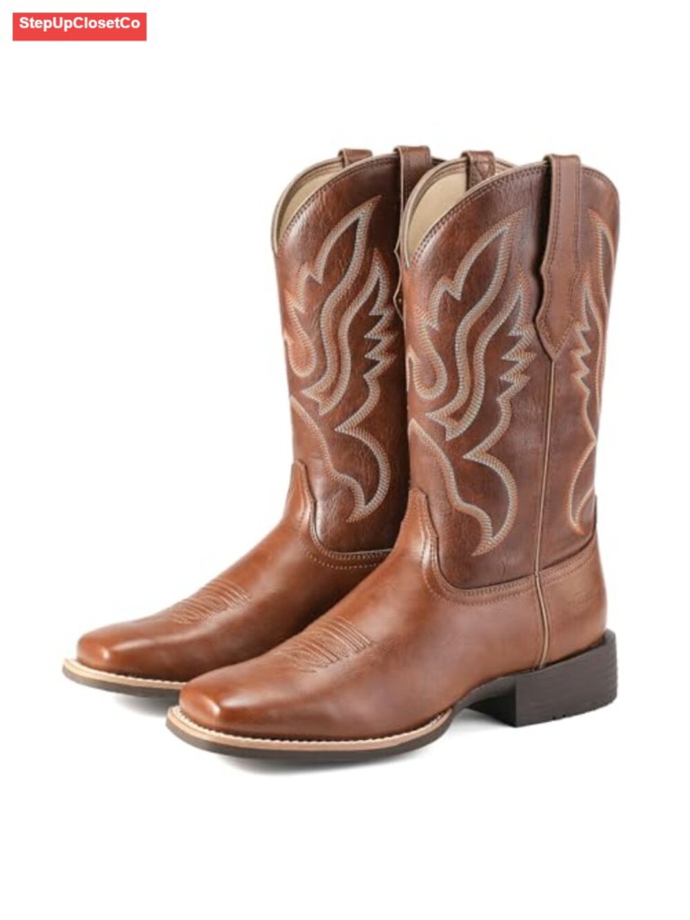 Women's Western Cowboy Boots Faux Leather Square Toe Mid Calf Embroidered